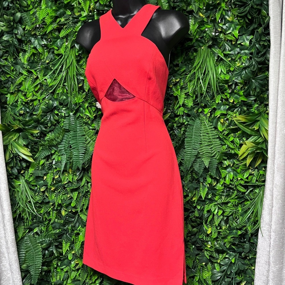 BCBGMAXAZRIA Dress Size 10 Orange Red Halter Sheath Mesh Cutout Open Back 4081